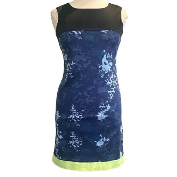 Tahari Sleeveless Round Neck Blue Print Color Block Cotton Sheath Dress Size 12 - Picture 1 of 6